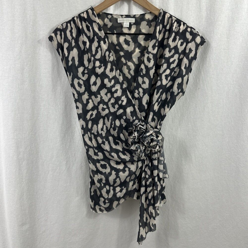 New York & Company Mesh Faux Wrap Animal Print Ruched Y2K Top Womens Size S